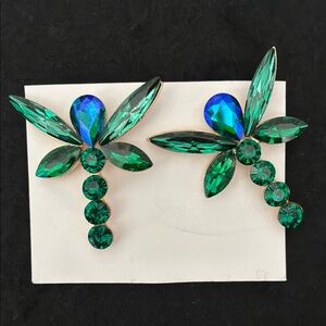 Dragonfly Green & Blue Glass Statement Earrings